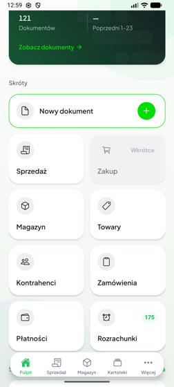 Skróty na pulpicie: Sprzedaż, Magazyn, Towary, Kontrahenci, Zamówienia, Płatności, Rozrachunki