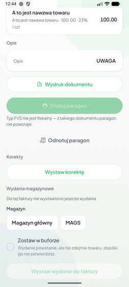 Karta dokumentu — wydruk, paragon, korekta, wydania magazynowe
