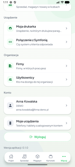 Sekcja Konto z kartą użytkownika i moimi urządzeniami